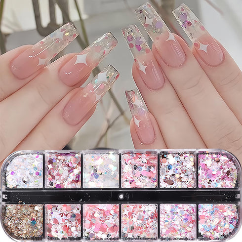 12 Grids Nail Art Glitter Sequins, Holographic Hexagon Chunky Nail Glitter for DIY Acrylic Nails Decoration