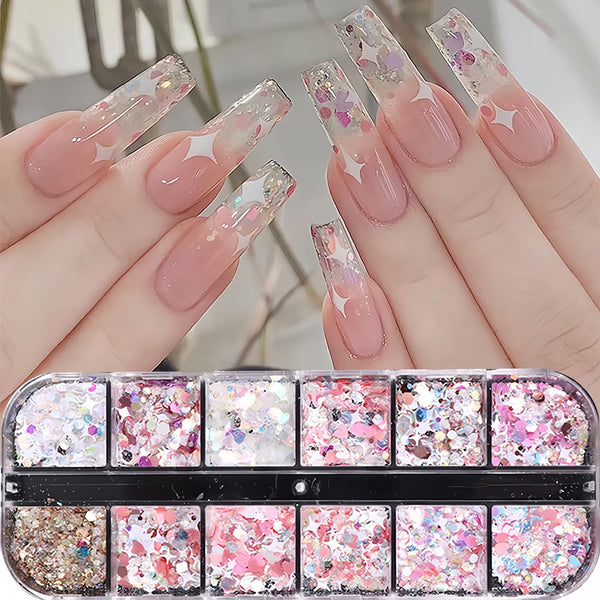 12 Grids Nail Art Glitter Sequins, Holographic Hexagon Chunky Nail Glitter for DIY Acrylic Nails Decoration