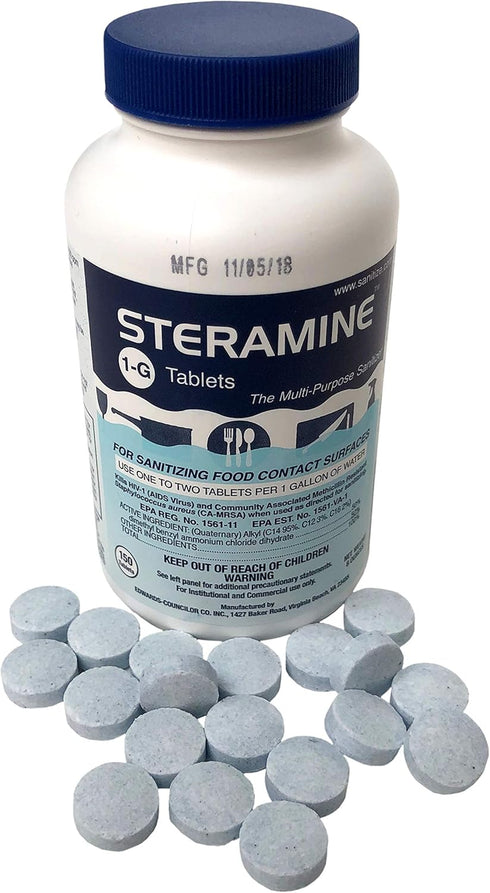 Steramine Quaternary Sanitizing Tablets - 150 Sanitizer Tablets per bottle, 3-Bottles