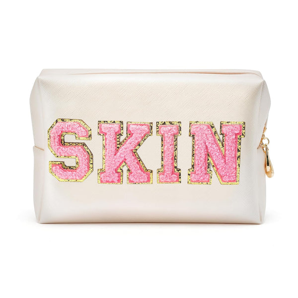 Y1tvei Varsity Letter Cosmetic Toiletry Bag - Preppy Patch PU Leather Makeup Pouch, Waterproof Organizer Gift (Shell