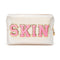 Y1tvei Varsity Letter Cosmetic Toiletry Bag - Preppy Patch PU Leather Makeup Pouch, Waterproof Organizer Gift (Shell