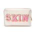 Y1tvei Varsity Letter Cosmetic Toiletry Bag - Preppy Patch PU Leather Makeup Pouch, Waterproof Organizer Gift (Shell
