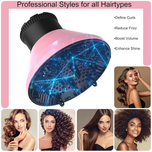 Universal Hair Diffuser for Blow Dryer, Adaptable Attachment for Nozzles 1.7 to 2.2 inch Diameter (Pink)