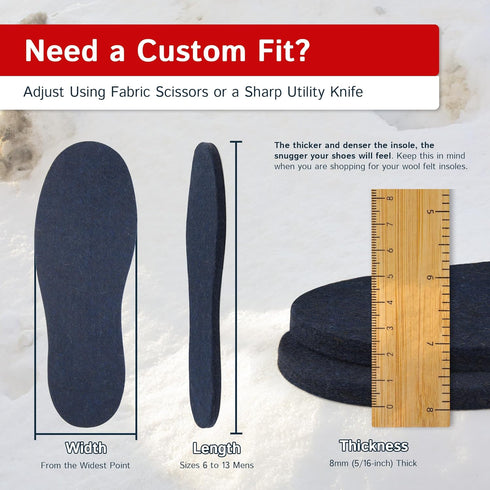 The Felt Store Wool Felt Insoles, 8mm Long-Lasting Shoe Inserts, 2 Pair, Adjustable, Warm Wool for Winter