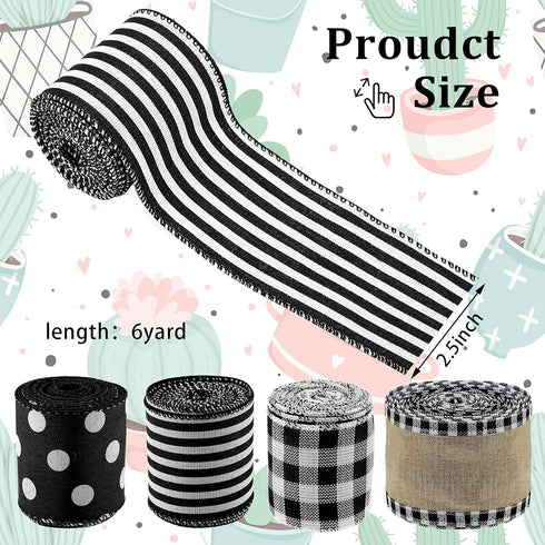 4 Rolls 24 Yards Christmas Farmhouse Buffalo Plaid Ribbons Wired Edge 2.5 Inch Farmhouse Burlap Ribbon Black White Stripe Wrapping Ribbon Polka Dot Roll Assorted Black Ribbon for Crafts DIY Garland by Syhood