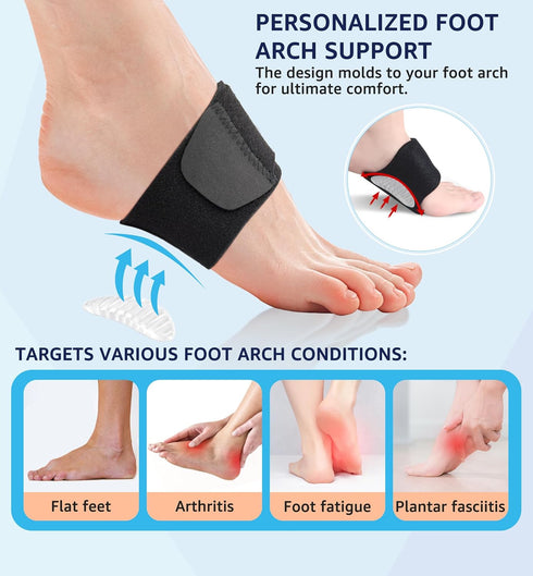 HiRui Arch Support Braces (Pair) - Adjustable Wraps with Gel Pads for Plantar Fasciitis Relief (Black)