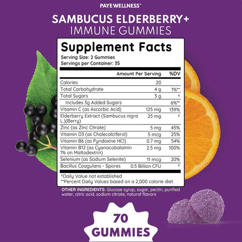 Sambucus Elderberry Immune Gummies, Daily Immune Support for Kids and Adults*, with Zinc, Vitamin C, D3, B6, B12, Plus - Dietary Supplement - 70 Count