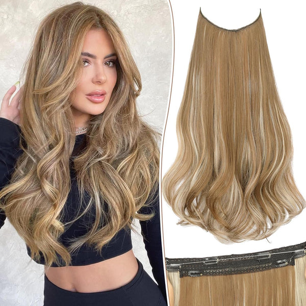 KooKaStyle Invisible Wire Hair Extensions, 20 Inch Long Wavy Layered Synthetic Hair with 6 Secure Clips