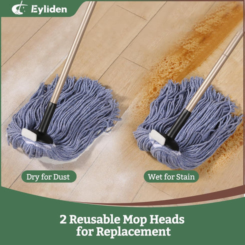 Eyliden String Mop with 2 Reusable Heads, Non-Touch Replacement Mops for Floor Cleaning
