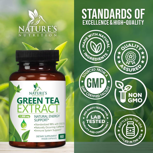 Green Tea Extract Capsules 1000mg 98% Standardized EGCG - 60 Capsules for Natural Energy & Heart Support