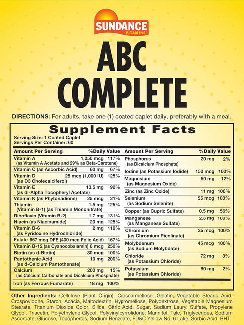 ABC Complete Multivitamin for Women & Men | 60 Caplets | with Mineral Formula | Non-GMO and Gluten Free Supplement | by Sundance
