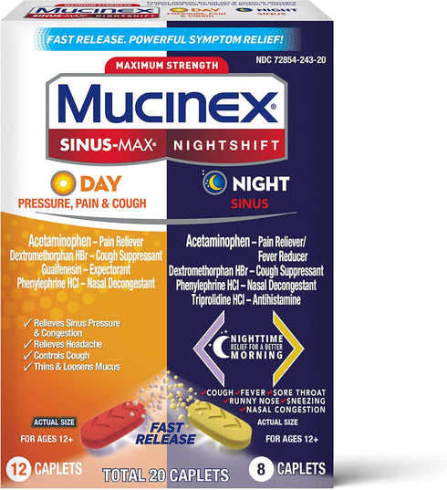 Mucinex Maximum Strength Sinus-Max Caplets, 20 caplets (12 Day + 8 Night) for Pressure, Pain & Cough Relief