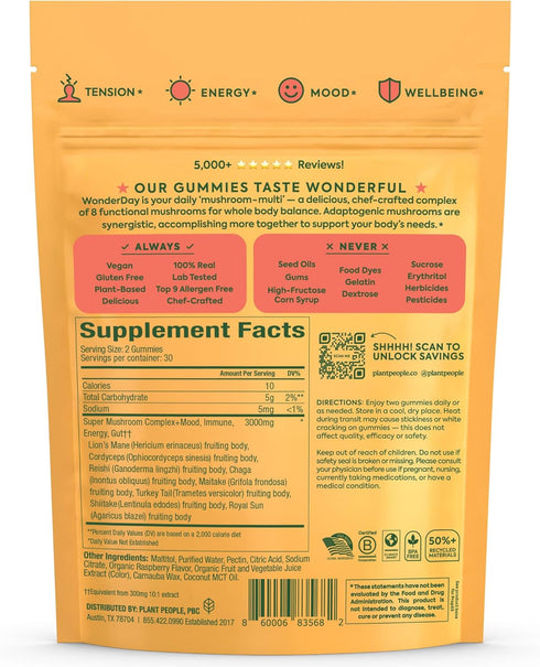 Gummies Immune (60 Count) Plant People WonderDay Mushroom - Lions Mane, Cordyceps, Chaga Mushroom Supplement to Support