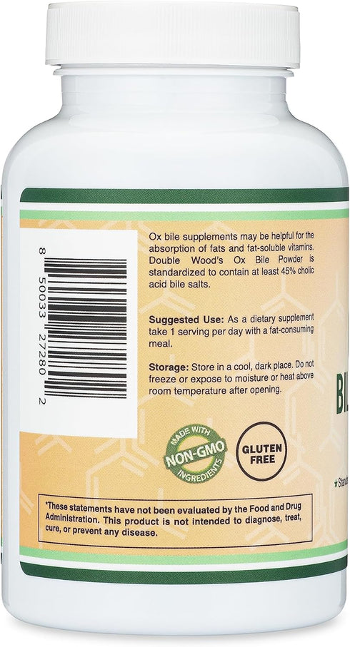 Ox Bile Supplement for No Gallbladder, 1,000mg Per Serving, 120 Capsules for Bile Salt Deficiencies