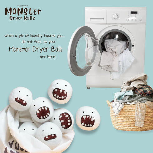 Woolbuddy Dryer Balls, 6 Pack, Monster Design, Reusable Wool Dryer Balls for Efficient Drying & Pet Hair Removal