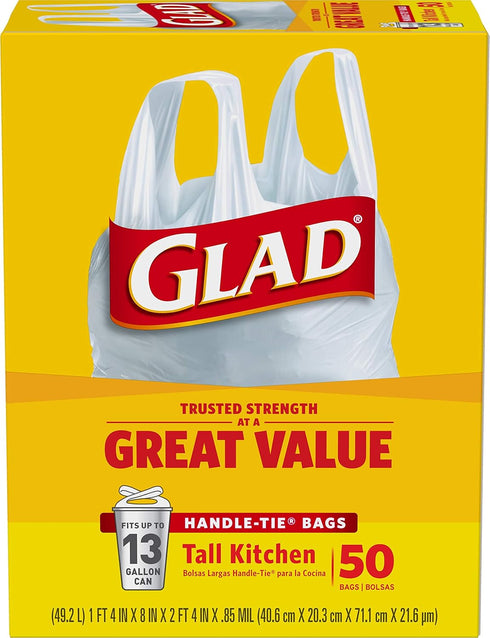 Glad Trash Bags, 13 Gallon White Handle-Tie Garbage Bags, 50 Count (Package May Vary)