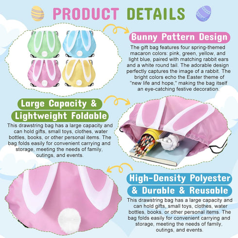 Yoojahow 24 Backpack Pcs Bunny Drawstring Bags Cute Rabbit Ear Reusable Candy Goodie Gift Bags for Bunny Birthday Party