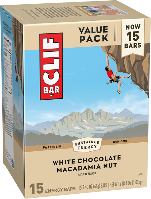 Clif Bar - White Chocolate Macadamia Nut Flavor - 9g Protein, Non-GMO, Plant Based Energy Bars - 15 Pack