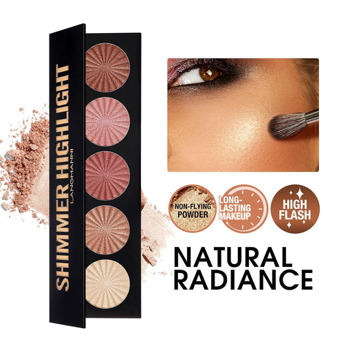 Highlighter Powder Palette, Makeup Palette for Facial Bronzers Illuminator, Waterproof Long Lasting (5 Color, 1 Count)