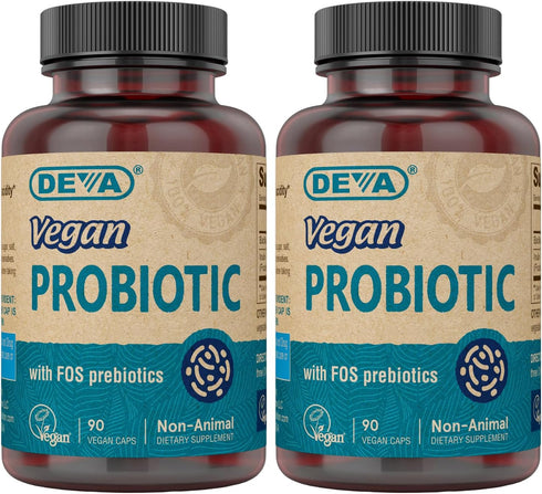DEVA Vegan Probiotic with FOS Prebiotics - 2 Billion CFU with 100 MG Prebiotics - Non-Dairy, Gluten Free, 90 Capsules