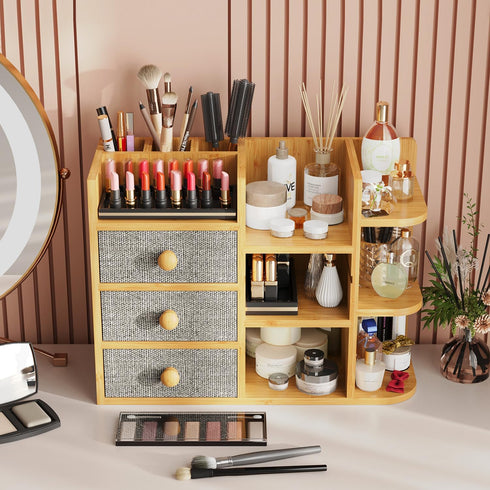 Makeup Organizer Countertop, Elegant Bamboo Cosmetic Skincare Organizers with 3 Makeup Brush Holders, 3 Drawers