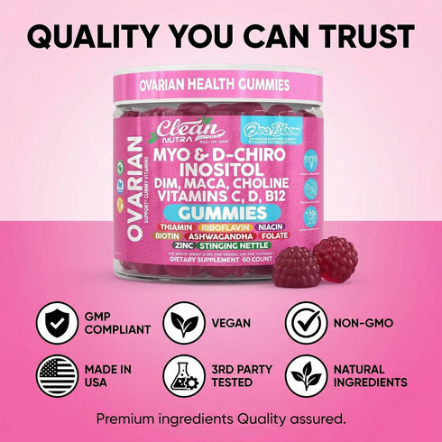 Gummies D3 B12 60 Count OVA Bloom Ovarian Support Myo Inositol D-Chiro Inositol Choline Flax Biotin Riboflavin Thiamin
