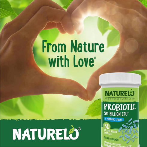 NATURELO Probiotics for Digestive Health, 50 Billion CFU, 11 Strains, 30 Vegetarian Capsules
