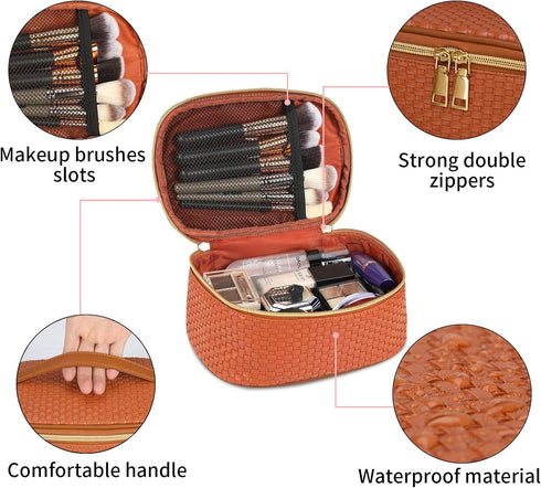 KTMOUW 3 Pcs Waterproof Makeup Bag Set: Portable Travel Cosmetic Organizer, Weave Toiletry Bag for Women, Brown