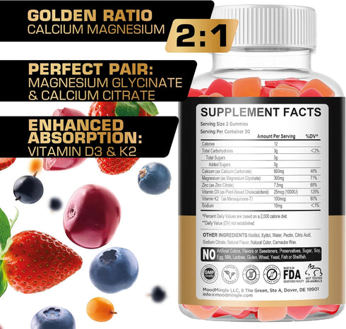 Calcium Magnesium Zinc Supplement Gummies for Kids, Toddlers & Adults - Enhanced Absorption with Vitamin D3 & K2 -