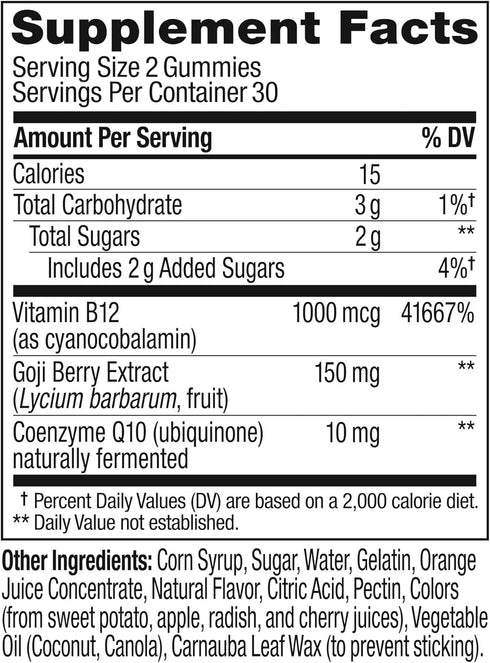 OLLY Extra Strength Daily Energy Gummy, 60 Count, Caffeine Free, 1000mcg Vitamin B12, CoQ10, Berry Yuzu Flavor