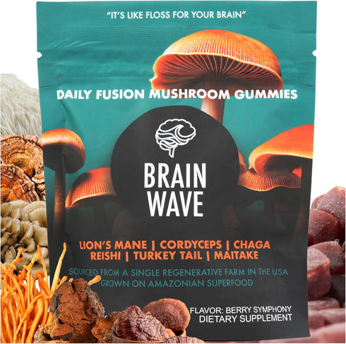 BRAIN WAVE Superfood Mushroom Gummies - Daily Multi Mushroom Supplement - Lions Mane, Reishi, Cordyceps, Turkey Tail,