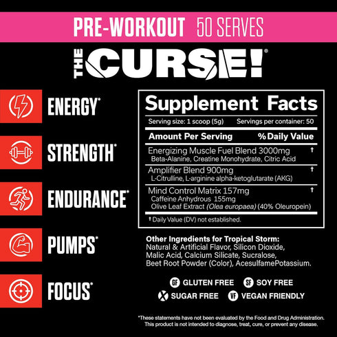 JNX SPORTS The Curse! Pre Workout Powder - 50 Servings, Tropical Storm Flavor - Boost Energy & Focus