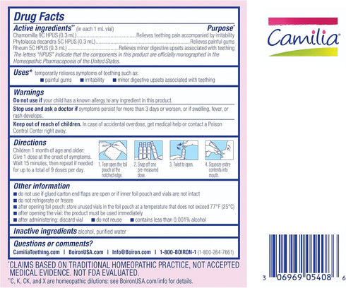 Boiron Camilia Teething Drops, 15 Count for Daytime and Nighttime Relief of Painful Gums in Babies