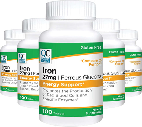 Quality Choice Energy Support Iron 27 mg Ferrous Gluconate Tablets, 100 Count