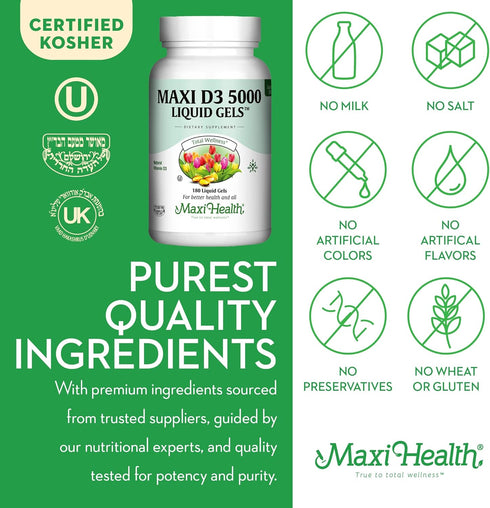 Maxi Health D3 5000 Liquid Gels, Natural Vitamin D3 Nutrition Supplement, 180 Capsules, Kosher