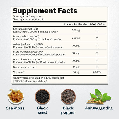 Sea Moss Capsules - 120 Capsules - Irish Sea Moss with Black Seed Oil, Ashwagandha & Black Pepper for Stamina,