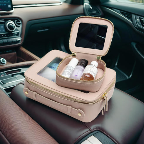 Small Clear Makeup Bag, Square Travel Cosmetic Case Organizer for Women (Pink)