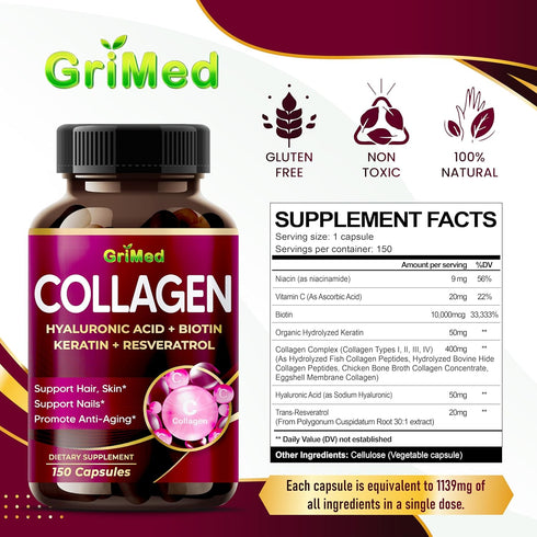 Organic Collagen 6,419 mg with Hyaluronic Acid, Biotin, Keratin, Resveratrol - Hair Skin, Nails Vitamins - Made in The
