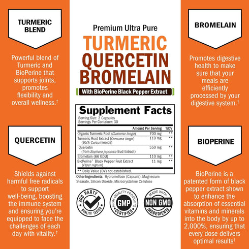 Turmeric Quercetin with Bromelain Supplement - Natural Extra Strength Immune and Joint Support with BioPerine Black Pepper for Max Absorption - Organic Tumeric Bromelain Supplement Vegan Safe, Non-GMO