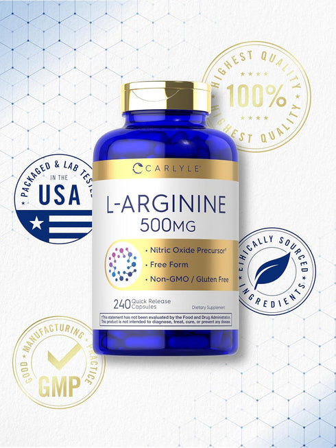 Carlyle L-Arginine 500mg Capsules | 240 Count | Free Form, Non-GMO & Gluten Free Supplement