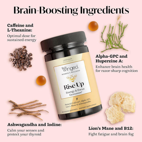 Winged Wellness Rise Up Gummies for Women - Daily Brain Boost Supplement with Natural Caffeine, Ashwagandha, B12, 60