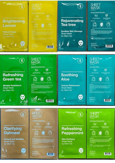 GLAM UP Premium Facial Sheet Mask Combo - 12 Pack of Hydrating, Moisturizing, Soothing Masks