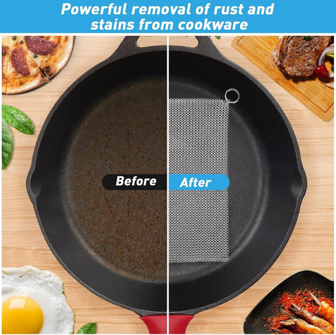 Cast Iron Scrubber, 12''x12'' 316L Stainless Steel Fine Mesh Scraper, Upgraded Chainmail Scrubber for Cast Iron Cookware