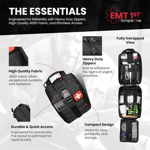 EMT-Approved Black Emergency First Aid Kit, Molle Ifak Pouch with 250 Piece Outdoor Gear for Emergencies