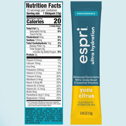 Zero Sugar Electrolyte Drink Mix, Yuzu Citrus Hydration Packets, 15 Day Supply