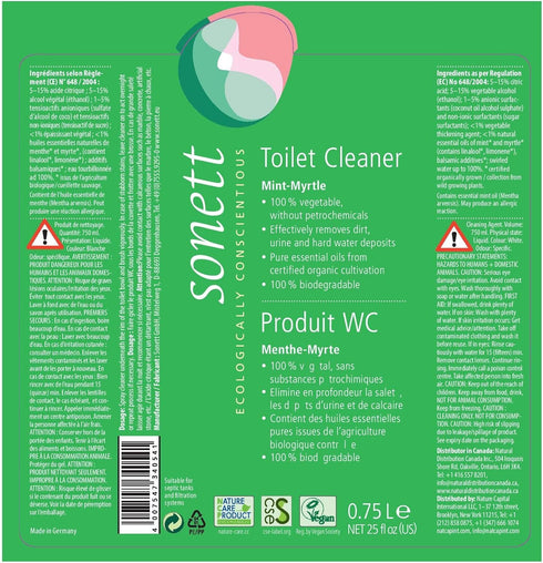 Mint-Myrtle,(25fl Oz/ 750ml) Sonett Organic Toilet Cleaner Effectively removes dirt, urine and hard water deposits.Pure