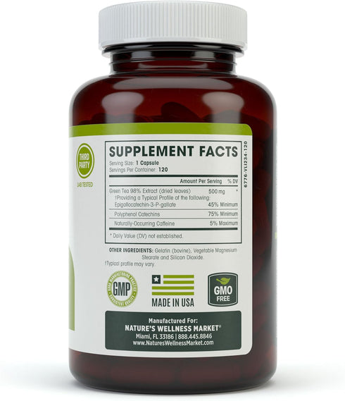 Green Tea Extract 98% Standardized with EGCG - Healthy Weight Support & Metabolism - 1000mg Capsules