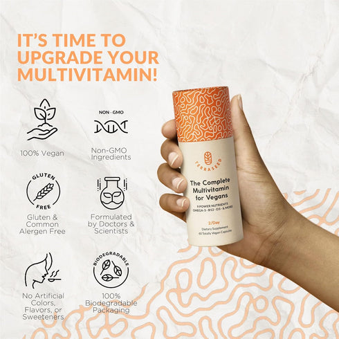 Complete Vegan Multivitamin with Iron, Omega 3, Vitamin D3, Folate, Zinc, Vitamin B12, 30 Day Supply
