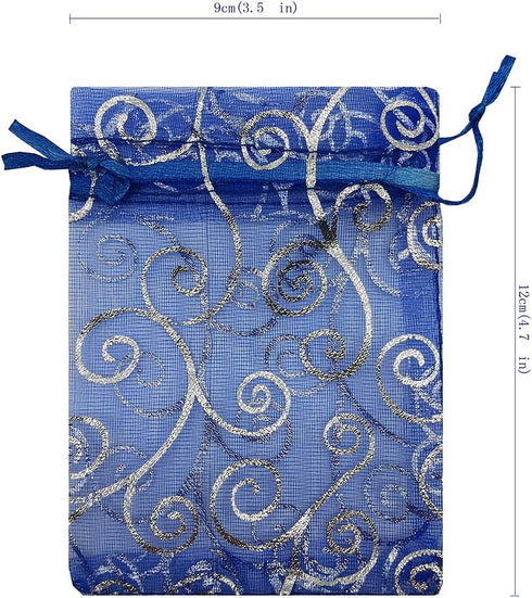 100pcs Sheer Organza Favor Bags for Wedding Baby Shower - Rattan Print Gift Bags, Drawstring Pouches (3.5x4.5 inch,