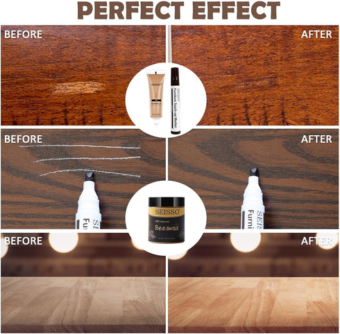 SEISSO Wood Furniture Repair Kit, 12 Colors Wood Fillers, Touch Up Markers, Beeswax, for Stains, Scratches, Cracks